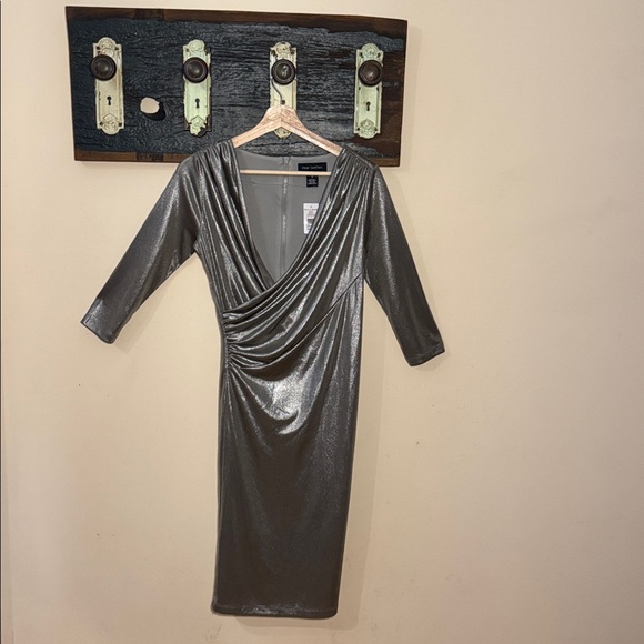 Pink Tartan Metallic Platinum Silver Drape Twist Long Sleeve Dress Size XS - Picture 2 of 14